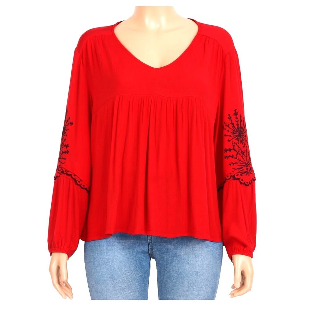 Mi Ami Red Boho Blouse XL Black Embroidered Sleeve Detail
